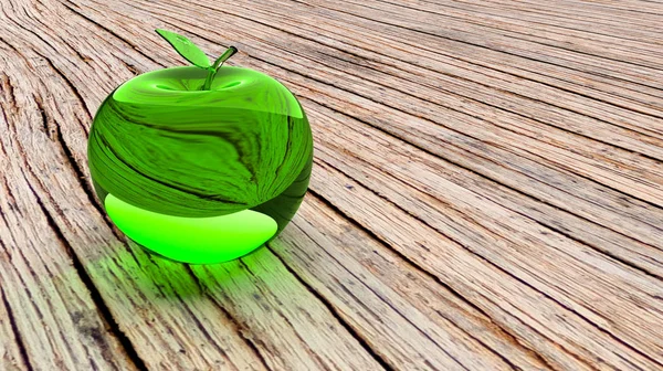 Glassy Apple Glass Model Green Glass Apple Brown Wooden Table — Stock Photo, Image