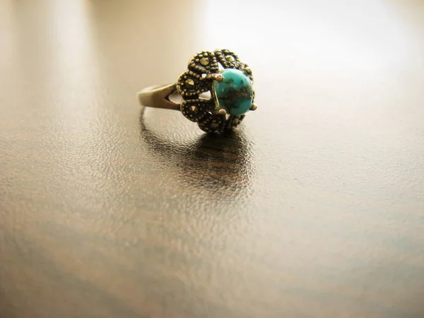 Blue Turquoise Ring Women Ring Silver Ring Decorated Blue Turquoise — Stock Photo, Image