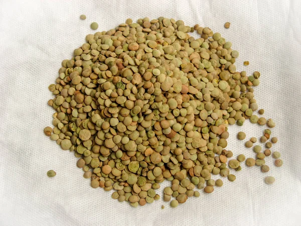 Close up of dried green lentils on white background. High view