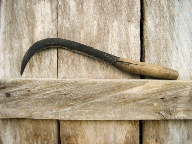 Ahşap arka planda orak. Asya'da tahıl hasadı için orak. Tarım aletleri. İran'da tahıl hasat ekipmanları.