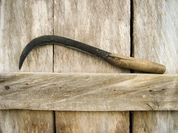 Sickle Wooden Background Sickle Harvest Grain Asia Agricultural Tools Grain — Stock Photo, Image