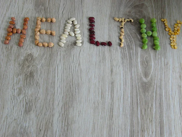 Kata Sehat Yang Tertulis Papan Dengan Jenis Kacang Penampilannya Bagus — Stok Foto