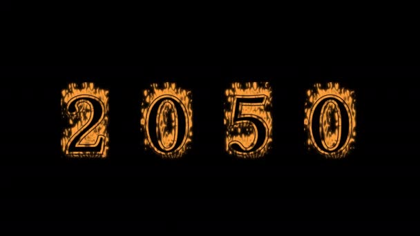 2050 Efeito Texto Fogo Fundo Preto Efeito Texto Animado Com — Vídeo de Stock