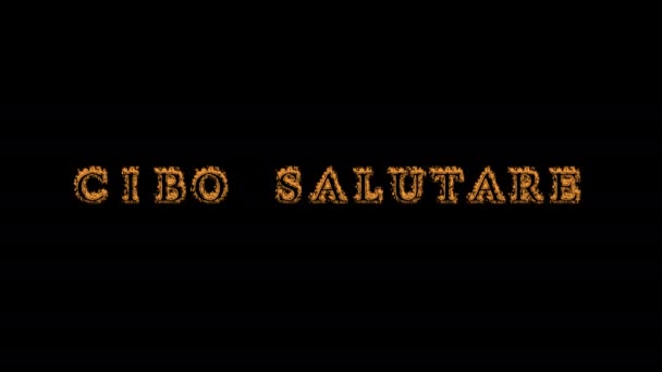 Cibo Salutare火災テキスト効果黒の背景 視覚効果の高いアニメーションテキスト効果です 手紙とテキスト効果 テキストの翻訳は健康食品です — ストック動画