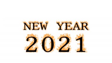 Yeni yıl 2021 yangın efekti beyaz izole arka plan. Yüksek görsel etkiyle canlandırılmış metin efekti. harf ve metin efekti.