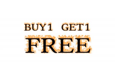 Buy1 Get1 Serbest ateş metni efekti beyaz izole arkaplan. Yüksek görsel etkiyle canlandırılmış metin efekti. harf ve metin efekti.