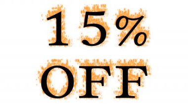 Ateşleme efekti% 15 kapalı beyaz izole arka plan. Yüksek görsel etkiyle canlandırılmış metin efekti. harf ve metin efekti.