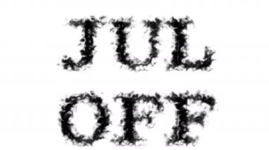 Jul Off duman etkisi beyaz izole arka plan. Yüksek görsel etkiyle canlandırılmış metin efekti. harf ve metin efekti.