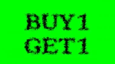 Buy1 Get1 duman mesajı efekti yeşil izole arkaplan. Yüksek görsel etkiyle canlandırılmış metin efekti. harf ve metin efekti.