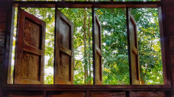 Scenery through wooden windows.