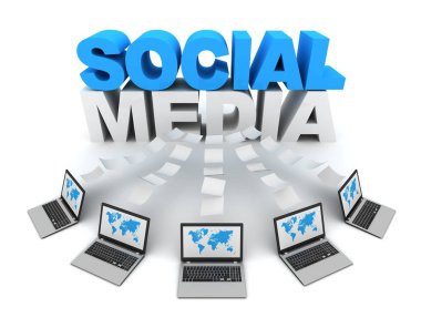 3d konsept illüstrasyon izole beyaz arka plan üzerinde sosyal medya ve dizüstü bilgisayarlar veri aktarımı