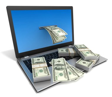 laptop ve para faturaları 3d illüstrasyon izole beyaz arka plan üzerinde