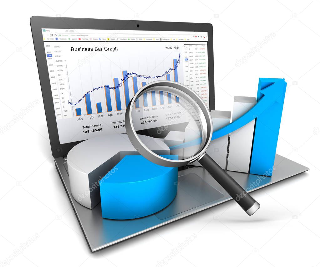 laptop and business finance graph chart 3d illustration