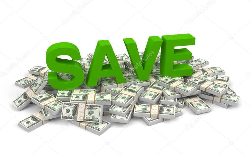 save and money bills 3d illustration isolated on white background