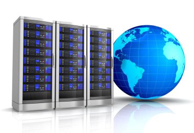 beyaz arkaplanda izole edilmiş dünya 3d resimli ağ çalışma istasyonu sunucusu