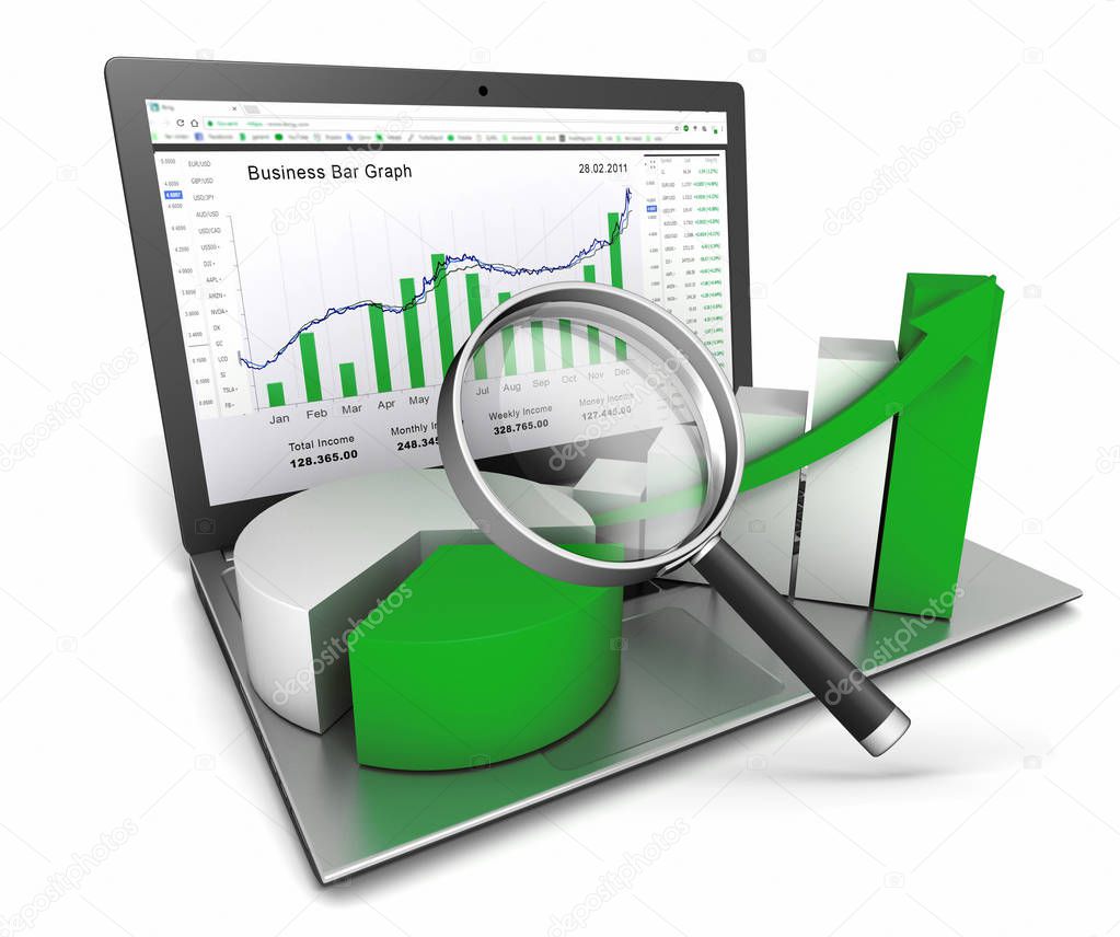 laptop and business finance graph chart 3d illustration