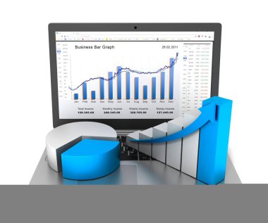 Laptop ve iş ekonomi grafik 3d çizim