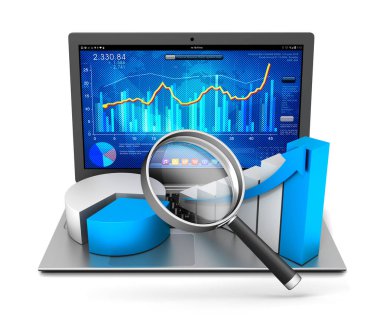 Laptop ve iş ekonomi grafik 3d çizim