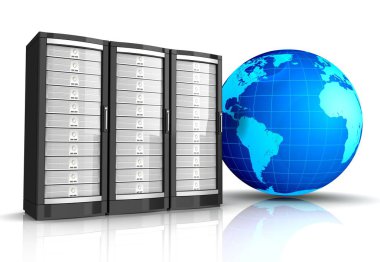 beyaz arkaplanda izole edilmiş dünya 3d resimli ağ çalışma istasyonu sunucusu