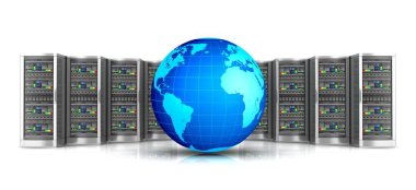 beyaz arkaplanda izole edilmiş dünya 3d resimli ağ çalışma istasyonu sunucusu