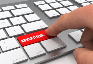 Reklam düğme anahtar kavram 3d illüstrasyon itme