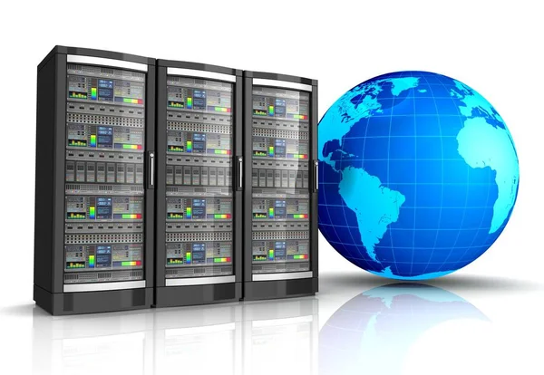 network workstation server with globe earth 3d illustration isolated on white background