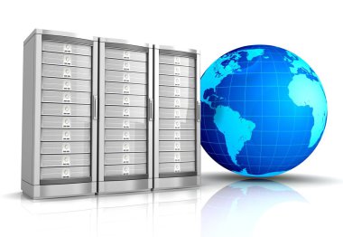 beyaz arkaplanda izole edilmiş dünya 3d resimli ağ çalışma istasyonu sunucusu