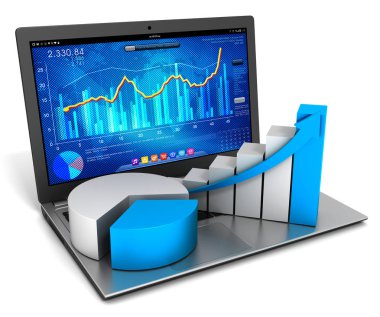 Laptop ve iş ekonomi grafik 3d çizim