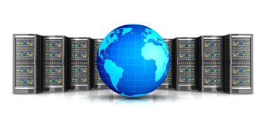 beyaz arkaplanda izole edilmiş dünya 3d resimli ağ çalışma istasyonu sunucusu