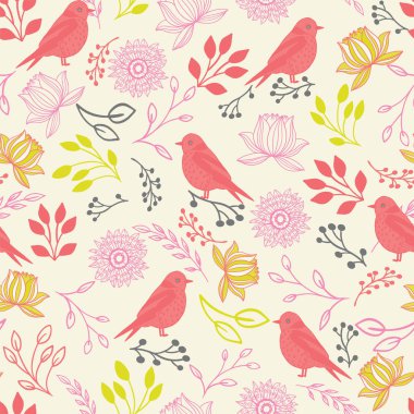 Vektör çizgi sanat kuşlar ve çiçekler Dikişsiz desen