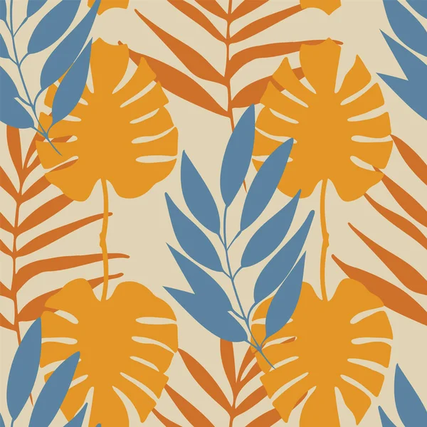 Vecteur jaune et bleu feuilles tropicales motif sans couture répéter — Image vectorielle