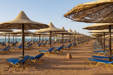 Deniz kıyısında saman plaj şemsiyeleri altında şezlong ile Plaj