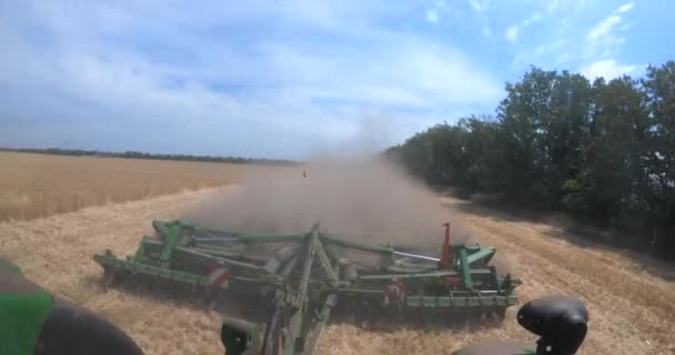 Вид Воздуха Современный Комбайн Собирает Урожай Пшеницы Поле Закате Работает — стоковое видео