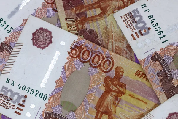 lots of Russian money. banknotes come in denominations of five thousand. banknotes close-up.