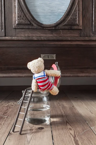 Hooray Home Bathing Season Nostalgic Scene Teddy Bear Swimsuit Sailor — Stock Photo, Image