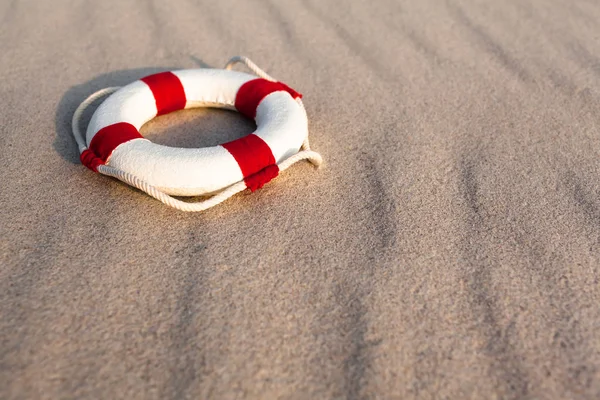 Nostalgic Miniature White Life Buoy Rope Red Stripes Wavy Beach — Stock Photo, Image