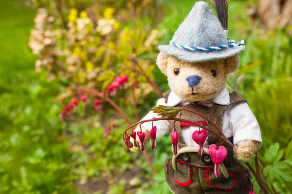 Teddy Bear Garden Wear Traditional German Bavarian Clothes Hat Shows — Stock Photo, Image