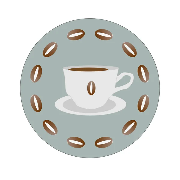 Icono de una taza de café caliente en un círculo de granos de café — Vector de stock