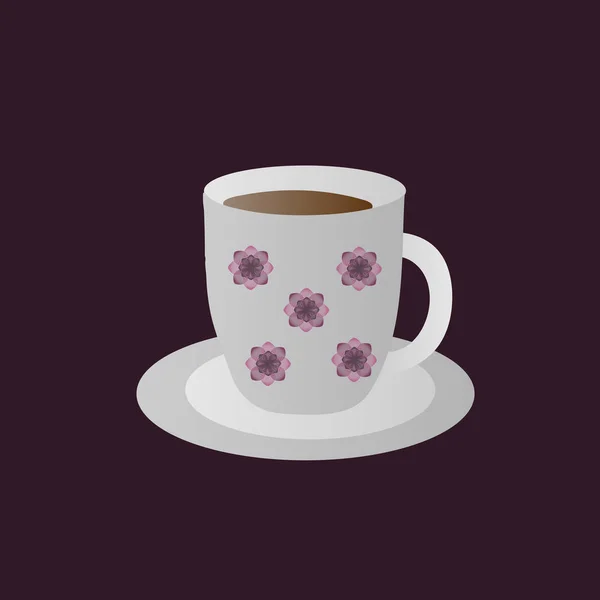 Weiße Tasse mit einem Muster aus weinroten Blüten — Stockvektor