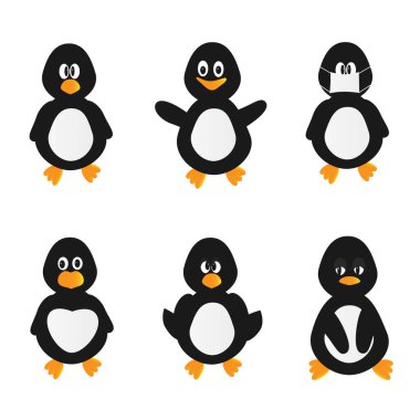 Yazıcı tasarımı için bir dizi penguen çıkartması. Vektör grafikleri.