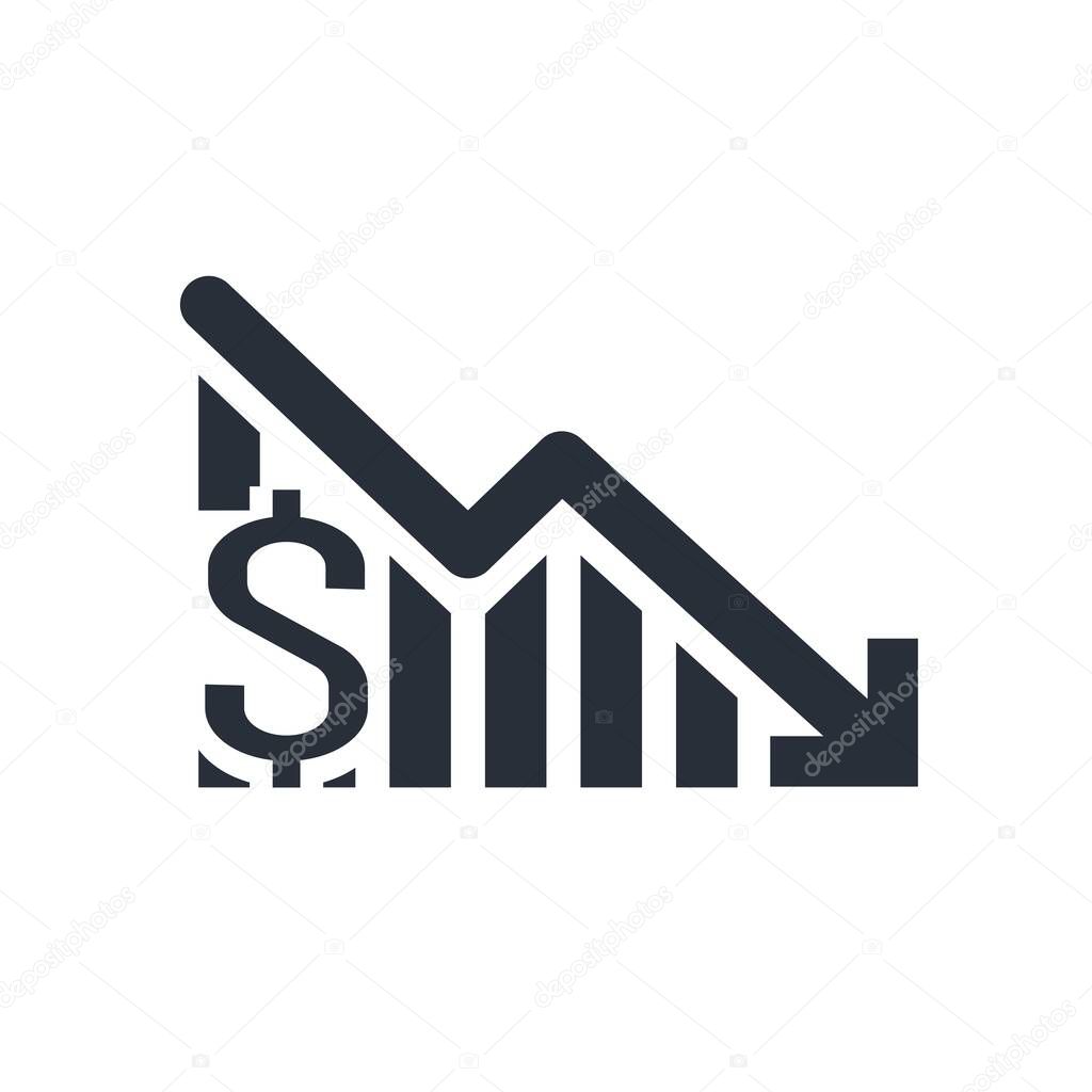 Chart down and dollar. Deficit. Black vector icon isolated on white background.