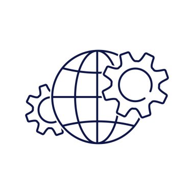 Küre ve dişliler. Küresel teknoloji Beyaz arkaplanda izole edilmiş vektör doğrusal simgesi.