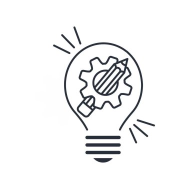 Kalem, dişli, ampul. Bilimsel ve yaratıcı potansiyeli birleştir. Beyaz arkaplanda izole edilmiş vektör doğrusal simgesi.