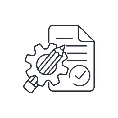 Belge, kalem, alet edevat. Teknik görev. Beyaz arkaplanda izole edilmiş vektör doğrusal simgesi.