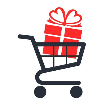 Alışveriş sepeti ve hediye. Beyaz arkaplanda vektör simgesi izole edildi.