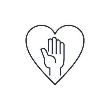 Gönüllü eller ve kalp. Beyaz arkaplanda izole edilmiş vektör doğrusal simgesi.