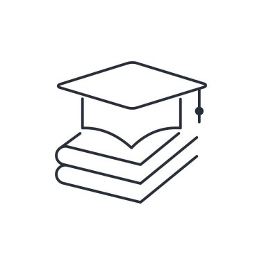 Kitaplı akademik üniversite şapkası. Eğitim. Öğreniliyor. Beyaz arkaplanda izole edilmiş vektör doğrusal simgesi.