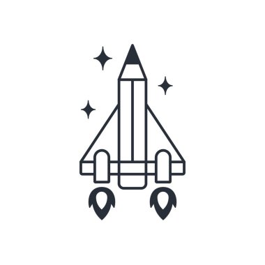  Galaksiler arası roket. Yaratıcı uçuş. Alışılmadık düşünme. Beyaz arkaplanda izole edilmiş vektör doğrusal simgesi.