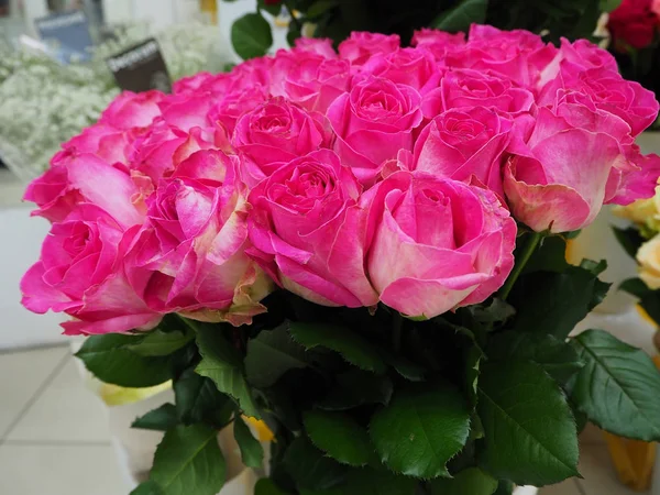 Pink roses in a shop