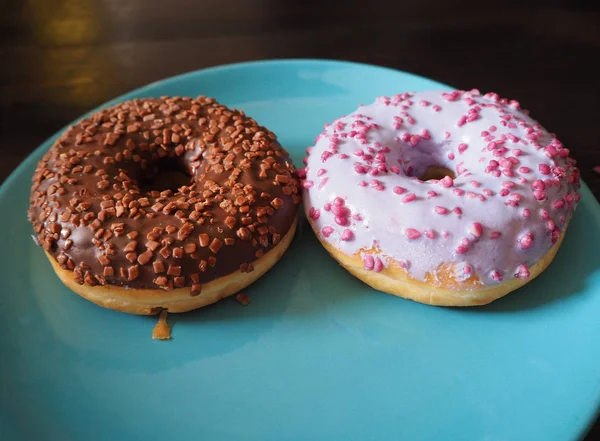 Two Donuts Blue Plate Table — Stock Photo, Image